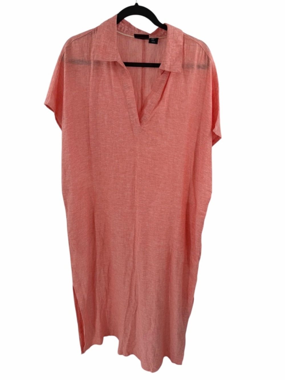 Tahari Coral Pink Linen Blend Short‎ Sleeve Katftan Shift Maxi Dress Pockets XL